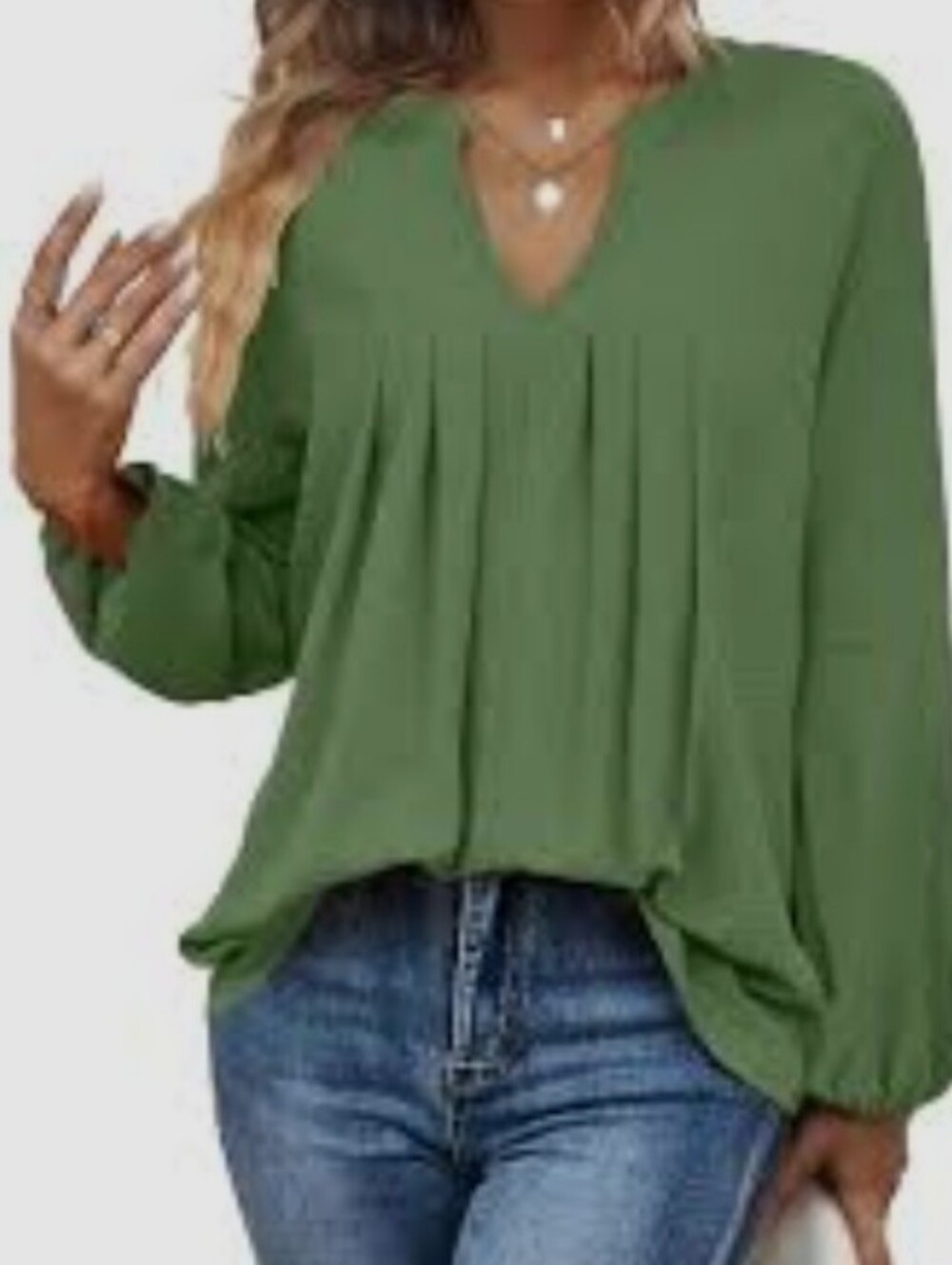 Women’s Olive Green V-Neck Pleated Blouse Size Large